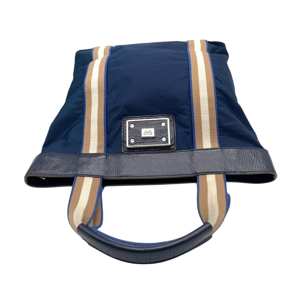 良品 ANYA HINDMARCH アニヤハインドマーチ トートバッグ ネイビー ナイロン パテントレザー ストライプ リボンロゴ ボウロゴ ハンドバッグ 肩掛け A4収納 大容量 軽量 レディース 通勤 通学 ビジネス エレガント 上品 S84