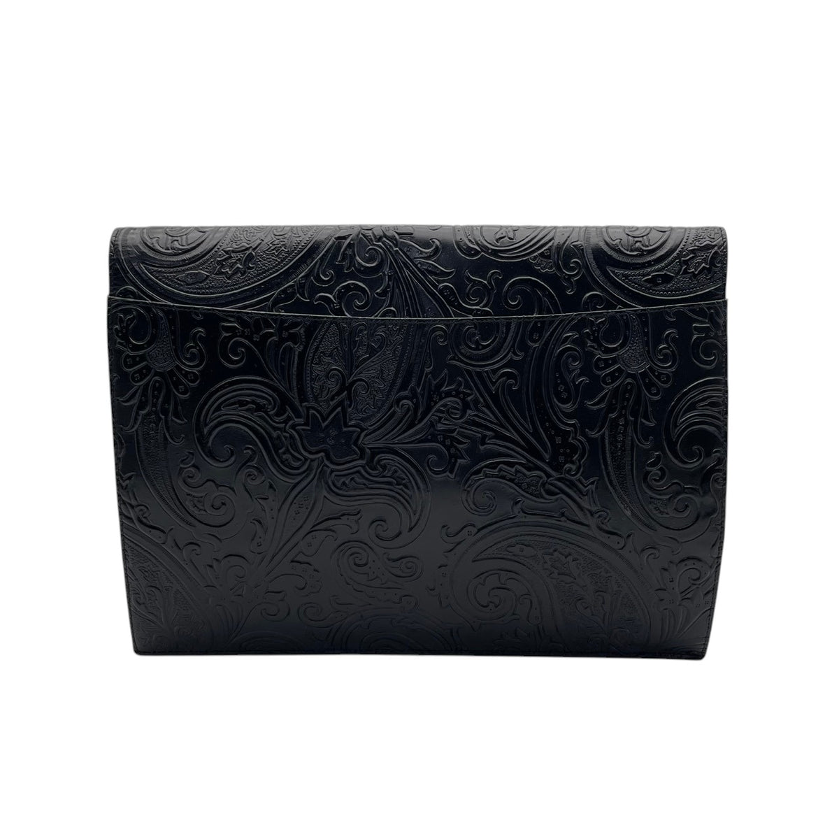 美品 ETRO エトロ マルゴット クラッチバッグ ドキュメントケース ブラック 黒 レザー 本革 ペイズリー 型押し エンボス ロゴ金具 プッシュロック フラップ A4収納 レディース メンズ ビジネス 書類バッグ イタリア製 S84