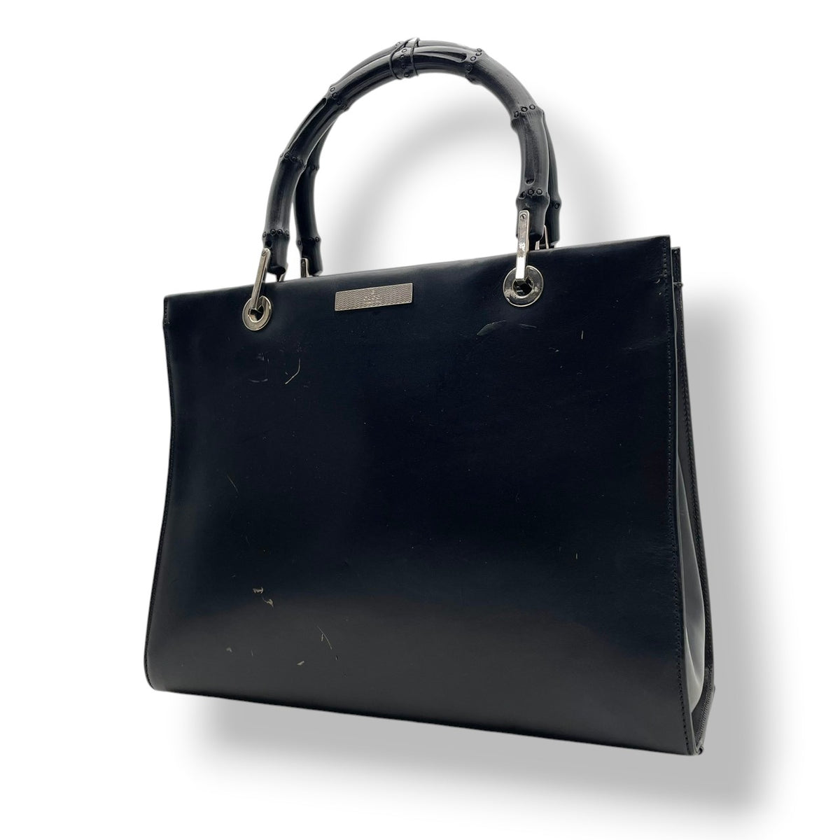 良品 GUCCI グッチ バンブー ハンドバッグ トートバッグ ブラック 黒 レザー 本革 バンブーハンドル 竹ハンドル シルバー金具 スクエア 自立 レディース フォーマル ビジネス 通勤 エレガント 上品 ヴィンテージ S84