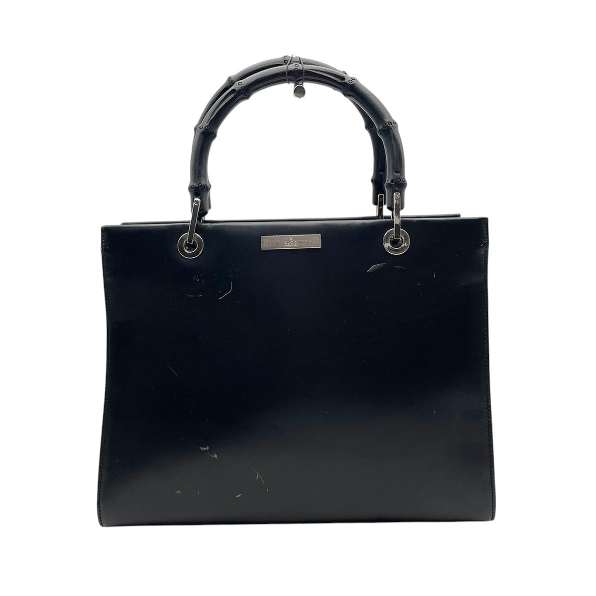 良品 GUCCI グッチ バンブー ハンドバッグ トートバッグ ブラック 黒 レザー 本革 バンブーハンドル 竹ハンドル シルバー金具 スクエア 自立 レディース フォーマル ビジネス 通勤 エレガント 上品 ヴィンテージ S84
