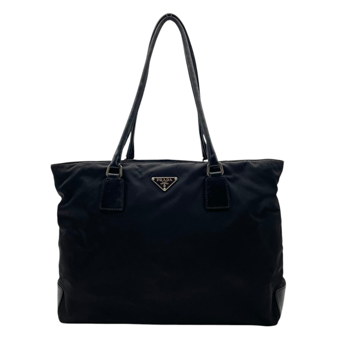 良品 PRADA プラダ トートバッグ ショルダートート ブラック 黒 ナイロン レザー 本革 三角ロゴ トライアングルロゴ テスート 肩掛け A4収納 大容量 シルバー金具 レディース 通勤 通学 ビジネス デイリー イタリア製 S84