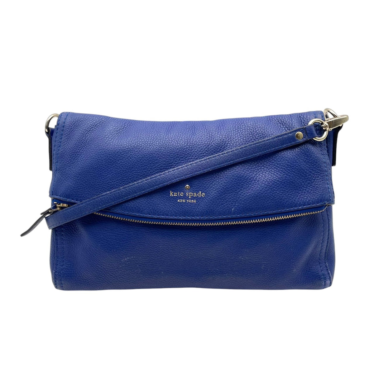良品 kate spade ケイトスペード ショルダーバッグ コブルヒル Cobble Hill ブルー 青 レザー 本革 シボ革 フォールドオーバー フラップ ファスナー ゴールドロゴ ゴールド金具 斜めがけ クロスボディ レディース デイリー S84