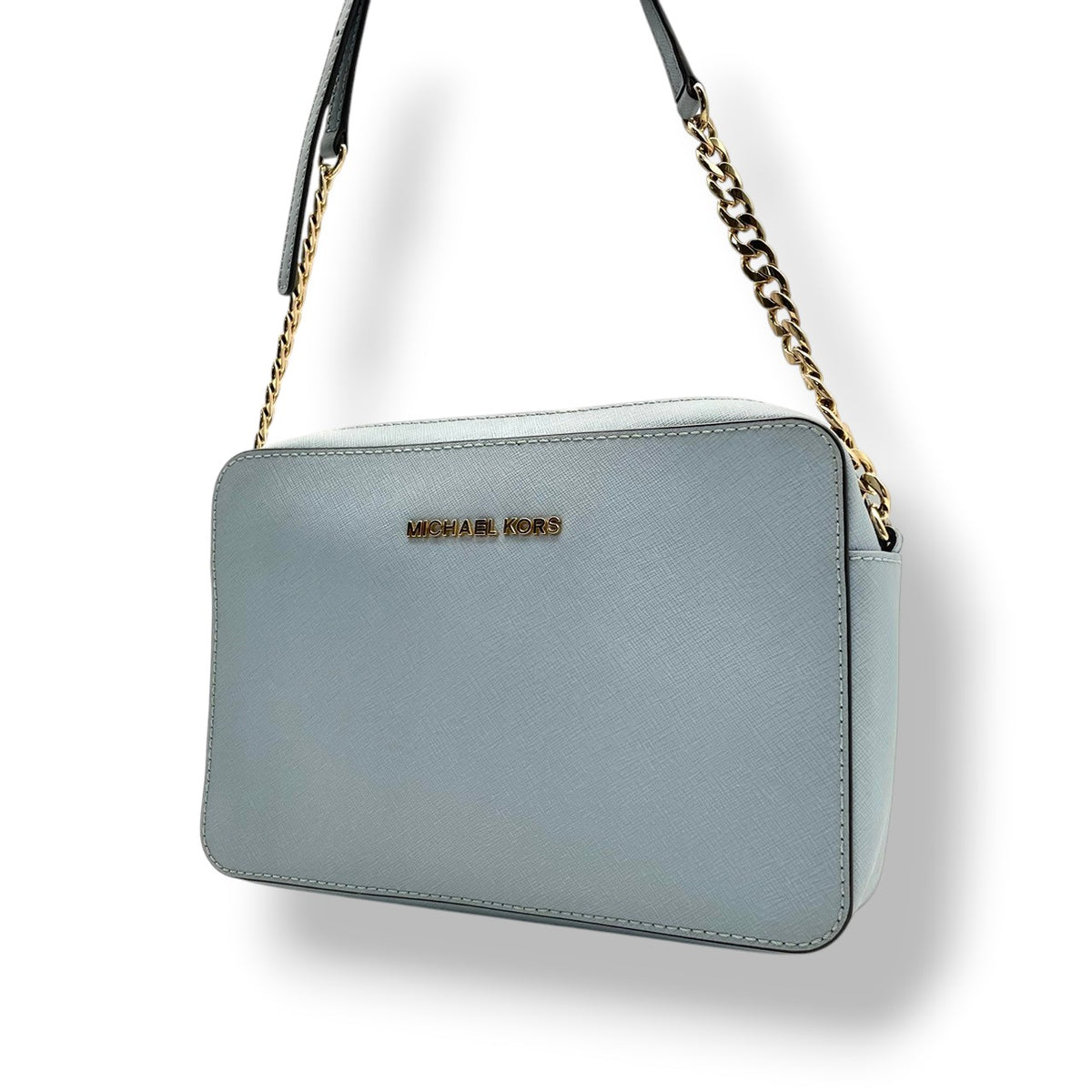 美品 MICHAEL KORS マイケルコース JET SET ITEM EW クロスボディ ラージ ショルダーバッグ ライトブルー 水色 サフィアーノ レザー 本革 ゴールドチェーン ゴールド金具 ロゴ ラウンドジップ 斜めがけ レディース S84