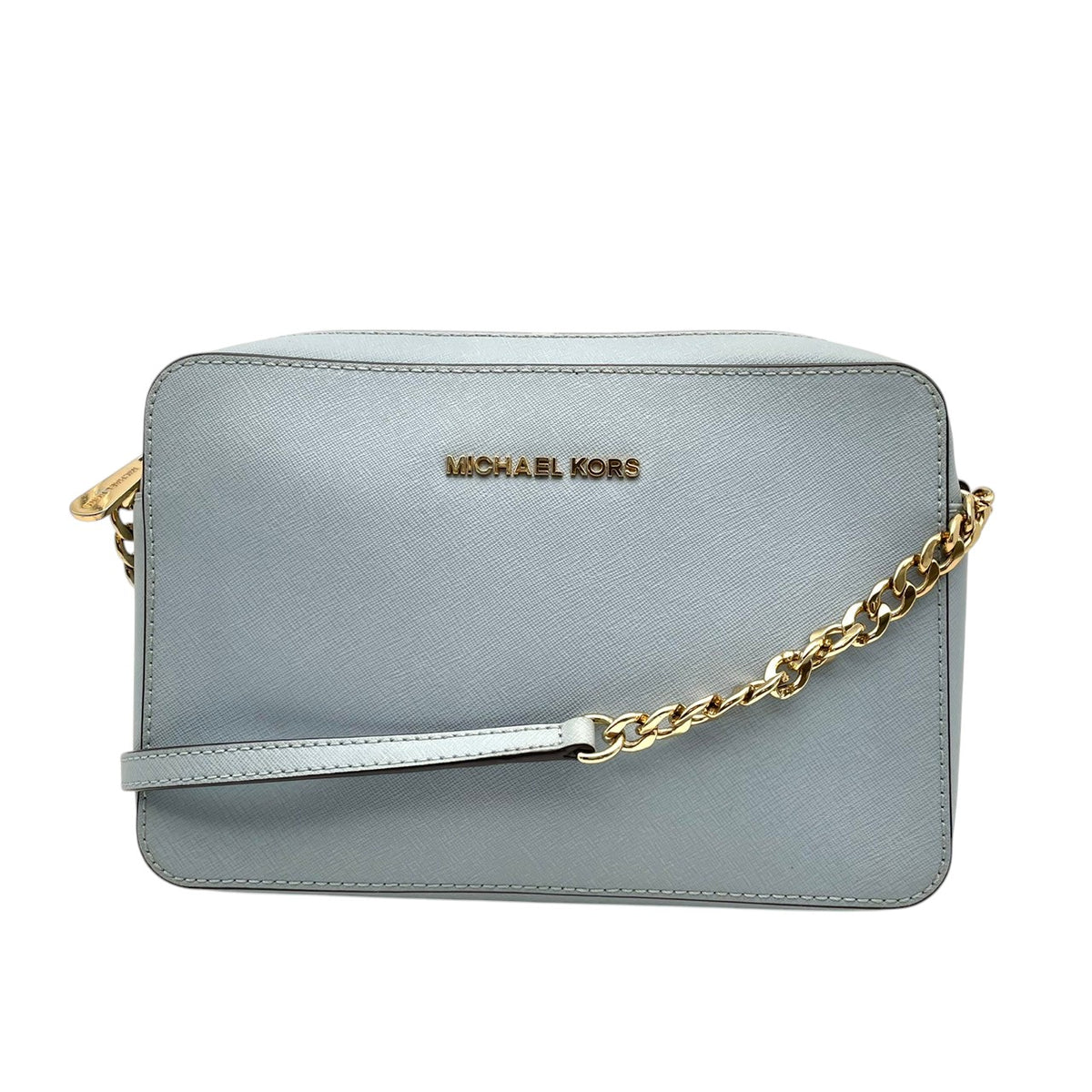 美品 MICHAEL KORS マイケルコース JET SET ITEM EW クロスボディ ラージ ショルダーバッグ ライトブルー 水色 サフィアーノ レザー 本革 ゴールドチェーン ゴールド金具 ロゴ ラウンドジップ 斜めがけ レディース S84