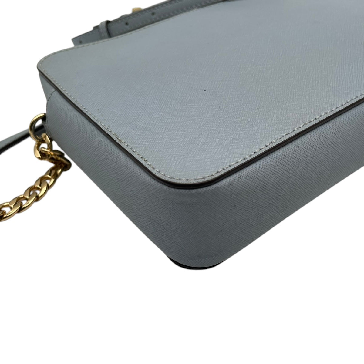 美品 MICHAEL KORS マイケルコース JET SET ITEM EW クロスボディ ラージ ショルダーバッグ ライトブルー 水色 サフィアーノ レザー 本革 ゴールドチェーン ゴールド金具 ロゴ ラウンドジップ 斜めがけ レディース S84