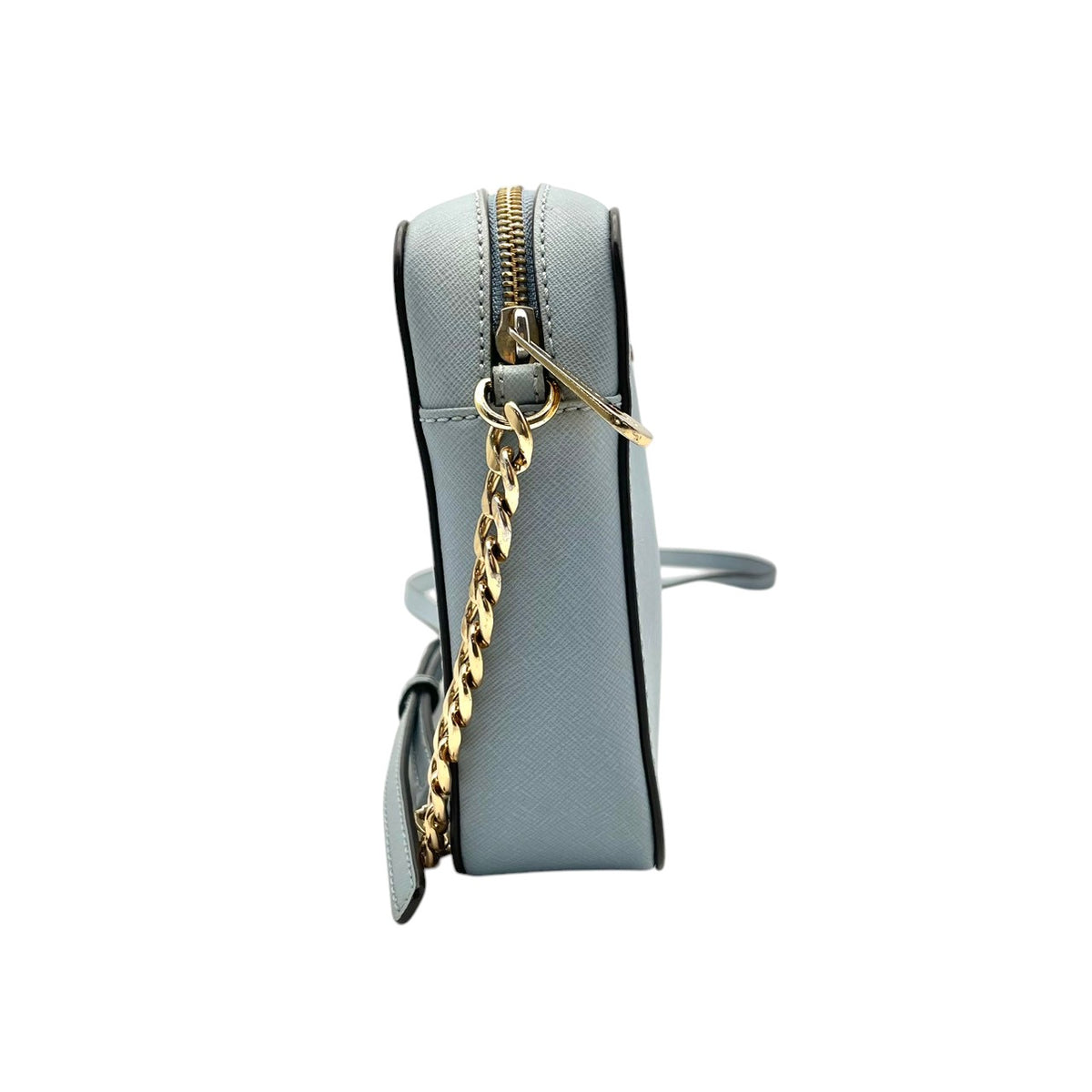 美品 MICHAEL KORS マイケルコース JET SET ITEM EW クロスボディ ラージ ショルダーバッグ ライトブルー 水色 サフィアーノ レザー 本革 ゴールドチェーン ゴールド金具 ロゴ ラウンドジップ 斜めがけ レディース S84
