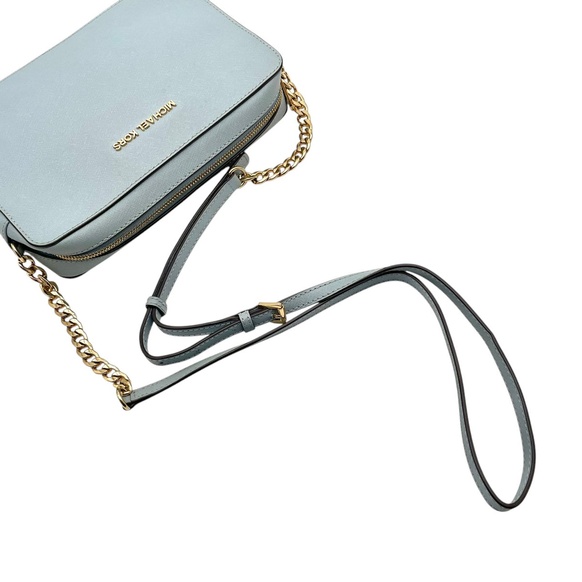美品 MICHAEL KORS マイケルコース JET SET ITEM EW クロスボディ ラージ ショルダーバッグ ライトブルー 水色 サフィアーノ レザー 本革 ゴールドチェーン ゴールド金具 ロゴ ラウンドジップ 斜めがけ レディース S84