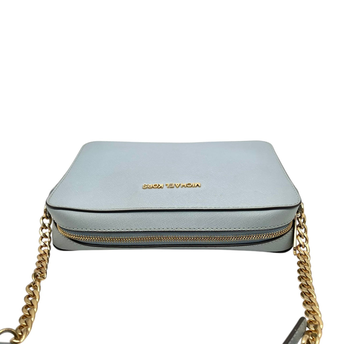 美品 MICHAEL KORS マイケルコース JET SET ITEM EW クロスボディ ラージ ショルダーバッグ ライトブルー 水色 サフィアーノ レザー 本革 ゴールドチェーン ゴールド金具 ロゴ ラウンドジップ 斜めがけ レディース S84
