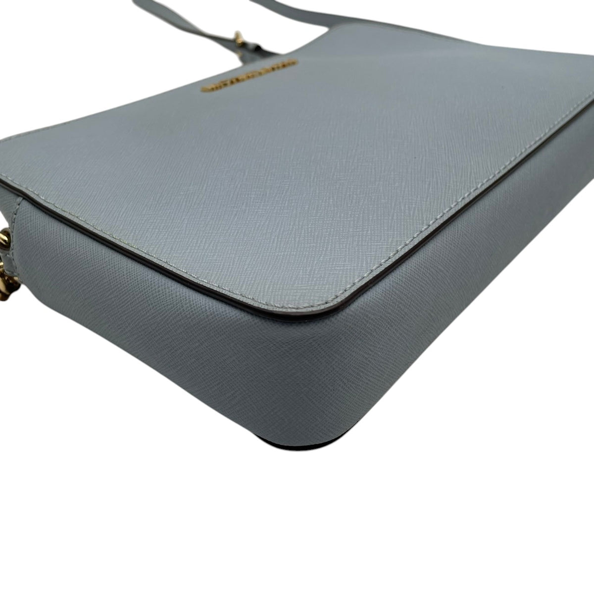 美品 MICHAEL KORS マイケルコース JET SET ITEM EW クロスボディ ラージ ショルダーバッグ ライトブルー 水色 サフィアーノ レザー 本革 ゴールドチェーン ゴールド金具 ロゴ ラウンドジップ 斜めがけ レディース S84