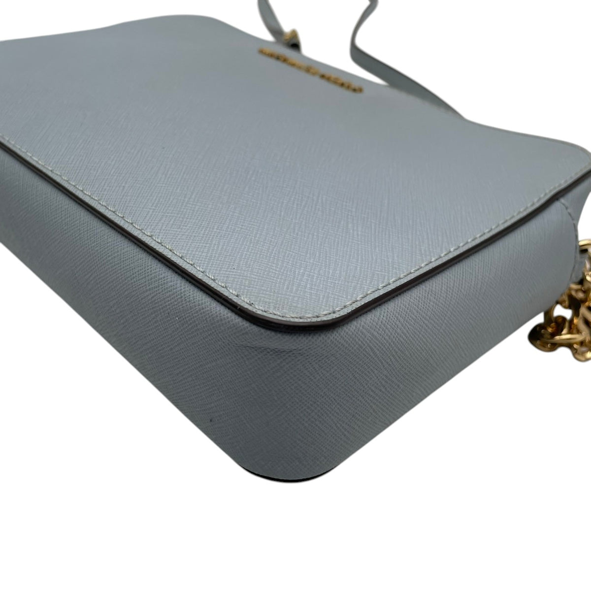 美品 MICHAEL KORS マイケルコース JET SET ITEM EW クロスボディ ラージ ショルダーバッグ ライトブルー 水色 サフィアーノ レザー 本革 ゴールドチェーン ゴールド金具 ロゴ ラウンドジップ 斜めがけ レディース S84