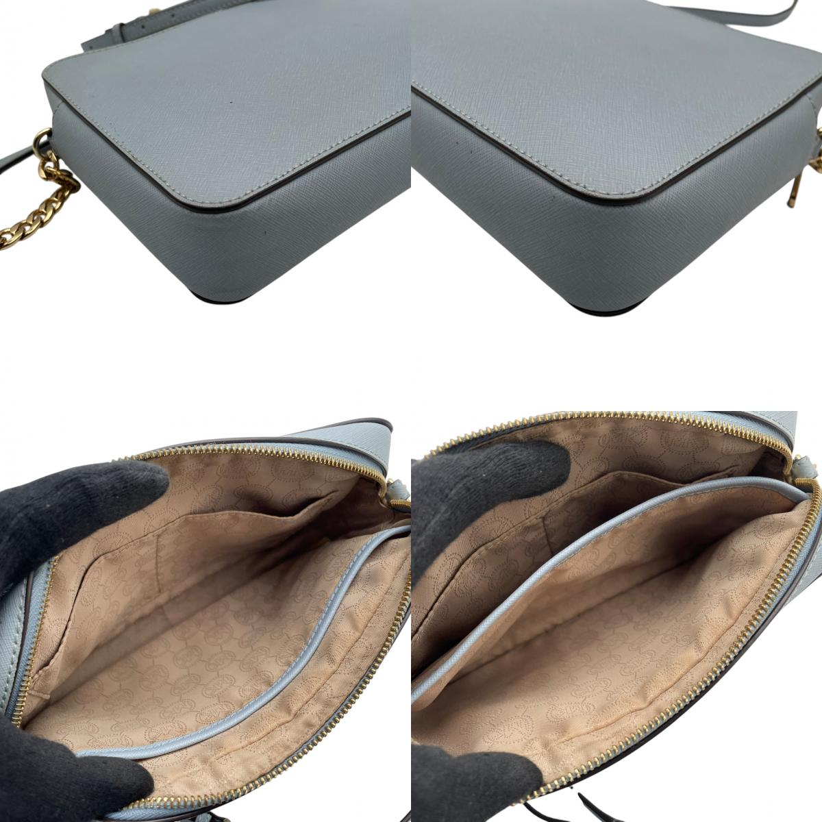 美品 MICHAEL KORS マイケルコース JET SET ITEM EW クロスボディ ラージ ショルダーバッグ ライトブルー 水色 サフィアーノ レザー 本革 ゴールドチェーン ゴールド金具 ロゴ ラウンドジップ 斜めがけ レディース S84