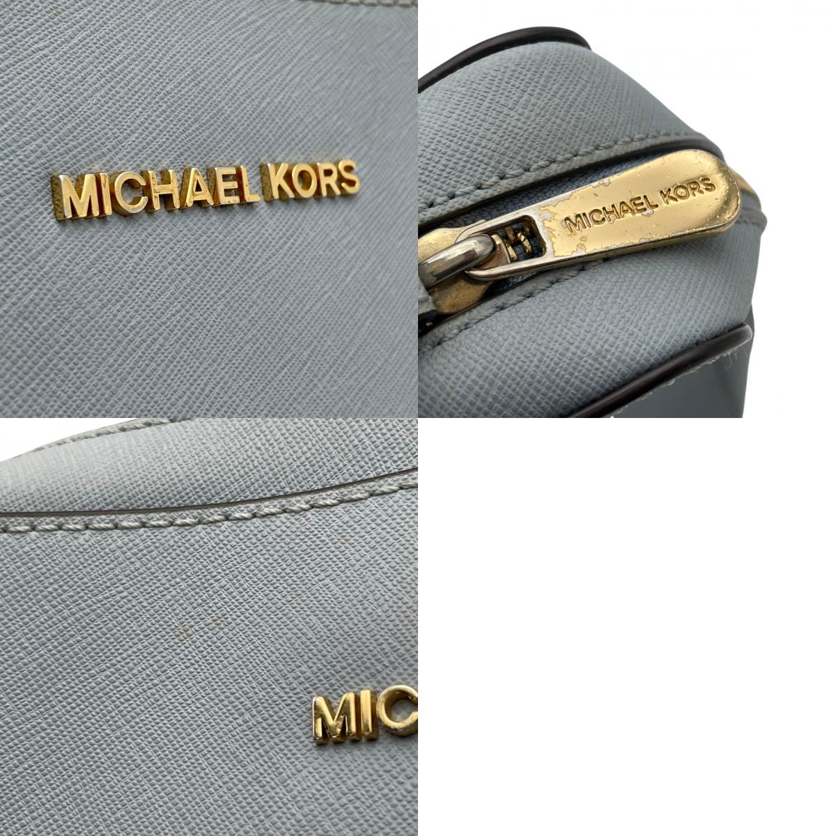 美品 MICHAEL KORS マイケルコース JET SET ITEM EW クロスボディ ラージ ショルダーバッグ ライトブルー 水色 サフィアーノ レザー 本革 ゴールドチェーン ゴールド金具 ロゴ ラウンドジップ 斜めがけ レディース S84