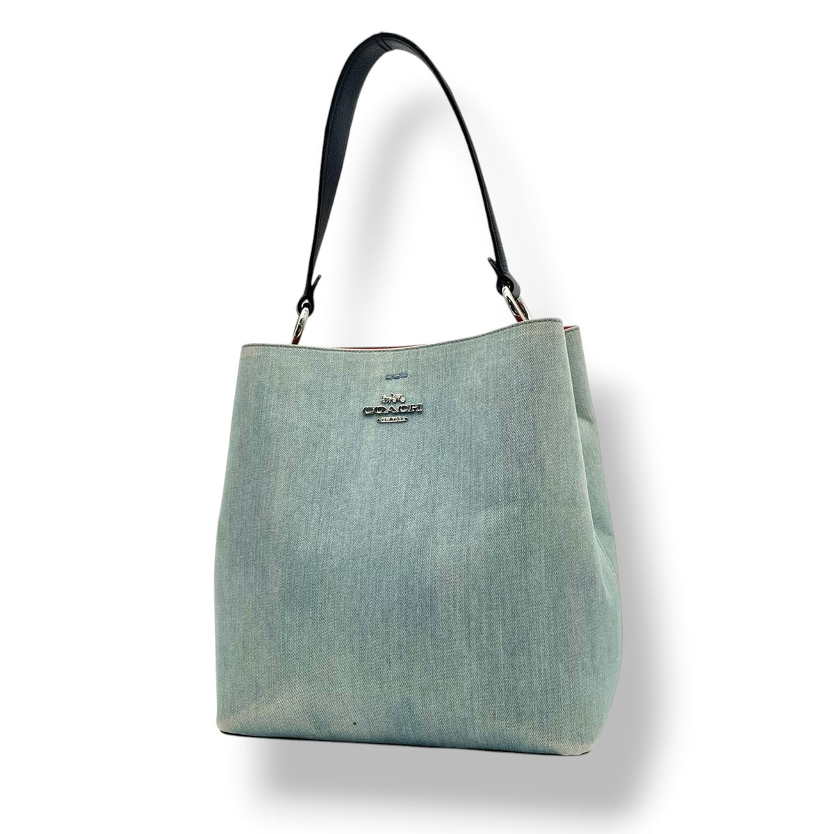 良品 COACH コーチ 91136 アベニュー タウン バケットバッグ トートバッグ ライトブルー 水色 デニム レザー ホースアンドキャリッジ ロゴ シルバー金具 ワンハンドル 肩掛け バケツ型 レディース カジュアル デイリー S84