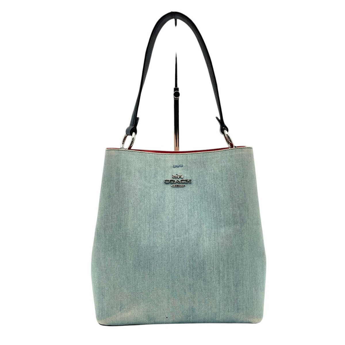 良品 COACH コーチ 91136 アベニュー タウン バケットバッグ トートバッグ ライトブルー 水色 デニム レザー ホースアンドキャリッジ ロゴ シルバー金具 ワンハンドル 肩掛け バケツ型 レディース カジュアル デイリー S84