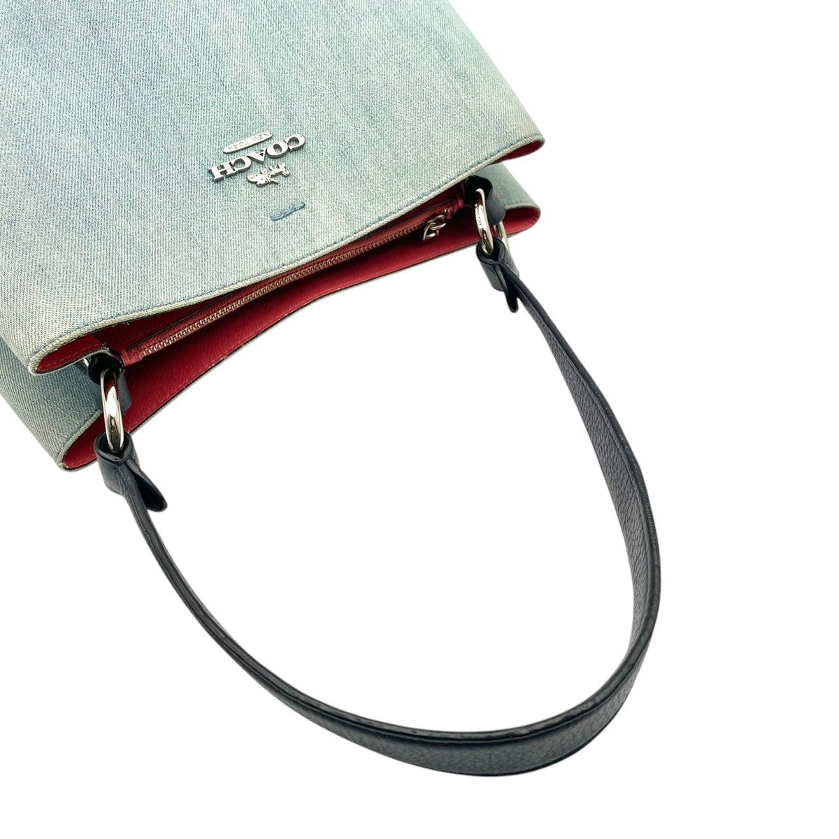 良品 COACH コーチ 91136 アベニュー タウン バケットバッグ トートバッグ ライトブルー 水色 デニム レザー ホースアンドキャリッジ ロゴ シルバー金具 ワンハンドル 肩掛け バケツ型 レディース カジュアル デイリー S84