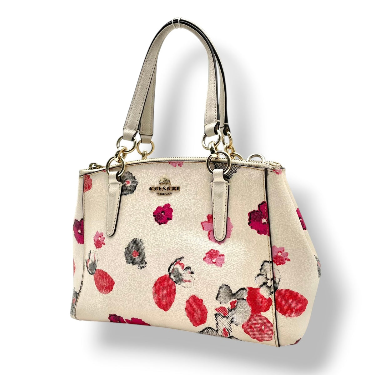 良品 COACH コーチ F55538 ミニ クリスティー キャリーオール ハーフトーン フローラル 花柄 アイボリー PVC レザー 2way ハンドバッグ ショルダーバッグ 斜めがけ ゴールド金具 レディース エレガント S84