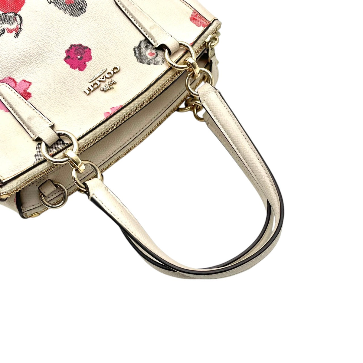 良品 COACH コーチ F55538 ミニ クリスティー キャリーオール ハーフトーン フローラル 花柄 アイボリー PVC レザー 2way ハンドバッグ ショルダーバッグ 斜めがけ ゴールド金具 レディース エレガント S84