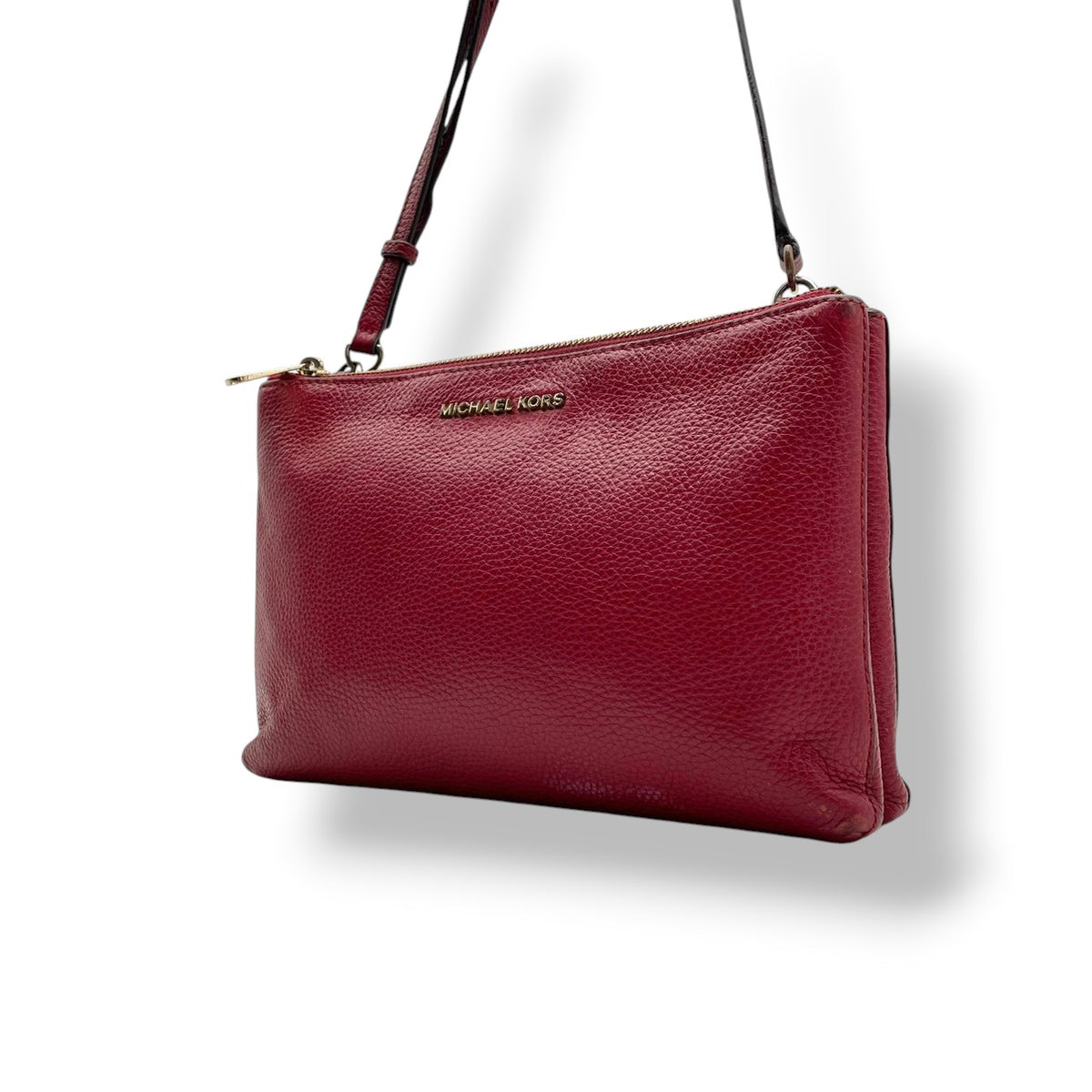 良品 MICHAEL KORS マイケルコース TRISHA トリシャ ミディアム トリプルコンパートメント ショルダーバッグ クロスボディ ボルドー レザー シボ革 ゴールド金具 ロゴ 斜めがけ レディース S99