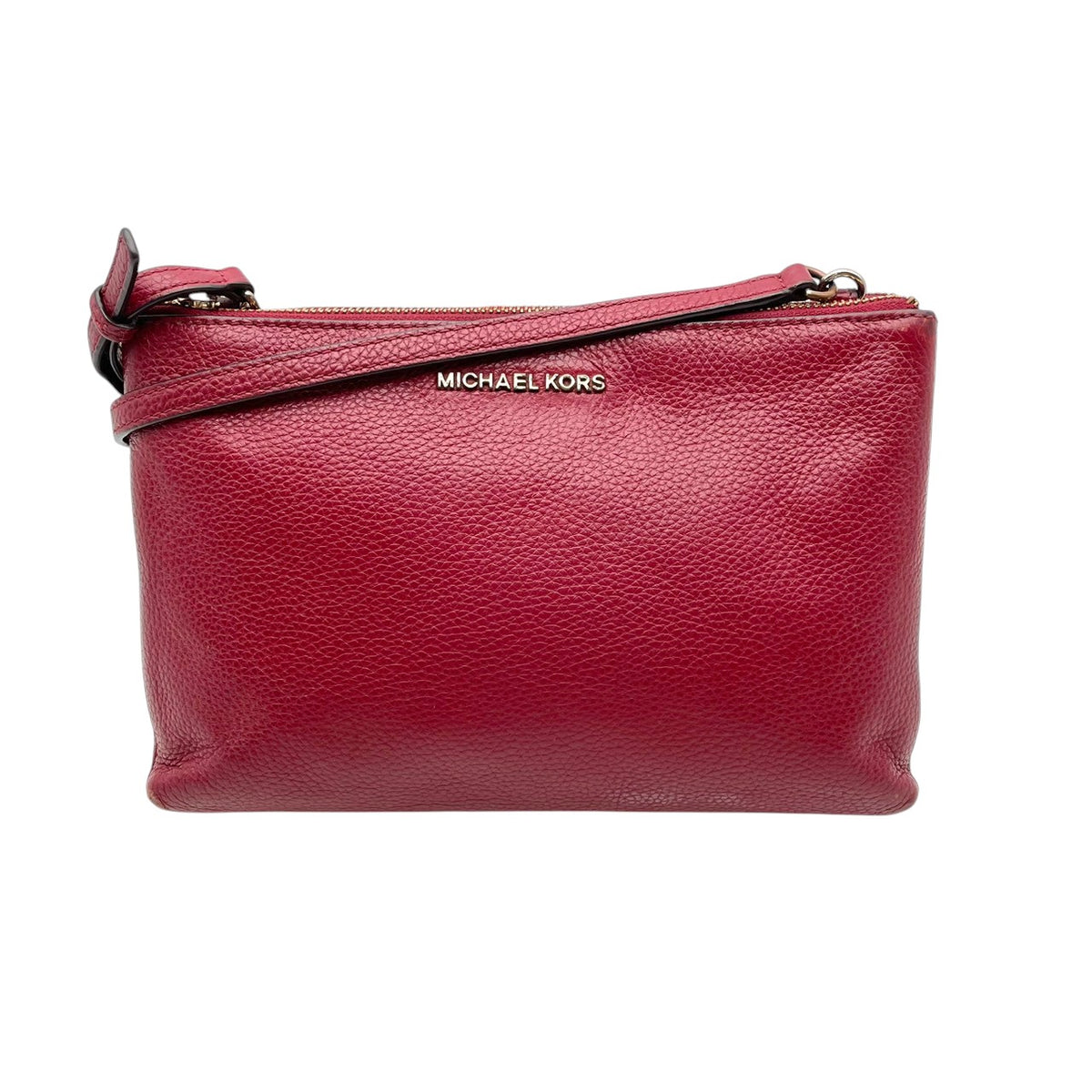 良品 MICHAEL KORS マイケルコース TRISHA トリシャ ミディアム トリプルコンパートメント ショルダーバッグ クロスボディ ボルドー レザー シボ革 ゴールド金具 ロゴ 斜めがけ レディース S99