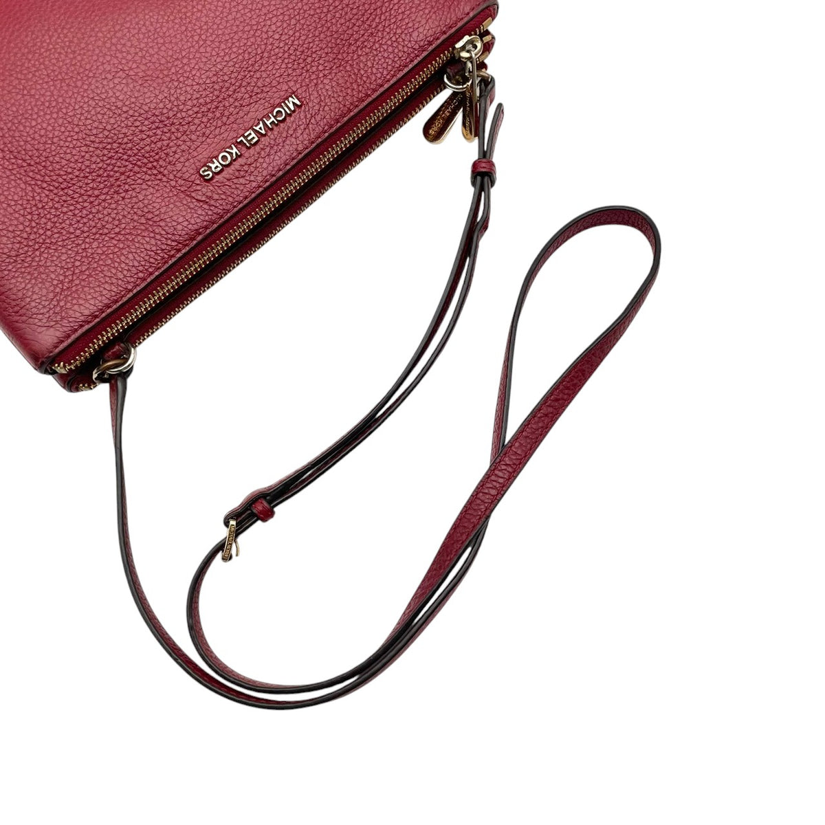 良品 MICHAEL KORS マイケルコース TRISHA トリシャ ミディアム トリプルコンパートメント ショルダーバッグ クロスボディ ボルドー レザー シボ革 ゴールド金具 ロゴ 斜めがけ レディース S99