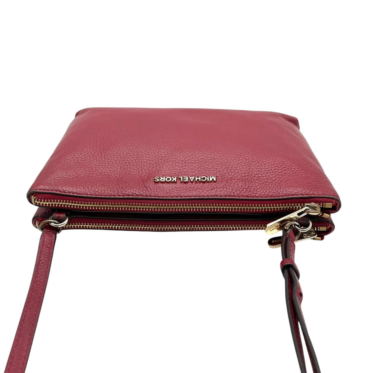 良品 MICHAEL KORS マイケルコース TRISHA トリシャ ミディアム トリプルコンパートメント ショルダーバッグ クロスボディ ボルドー レザー シボ革 ゴールド金具 ロゴ 斜めがけ レディース S99