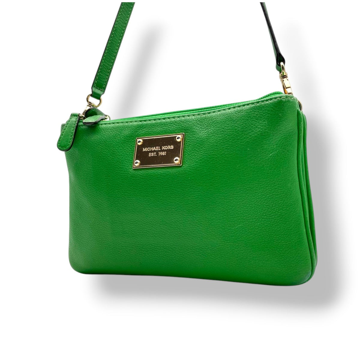 良品 MICHAEL KORS マイケルコース ショルダーバッグ クロスボディ ポシェット リストレット 2way グリーン 緑 レザー ゴールド金具 EST.1981 ロゴプレート ファスナー ミニバッグ 斜めがけ レディース S99
