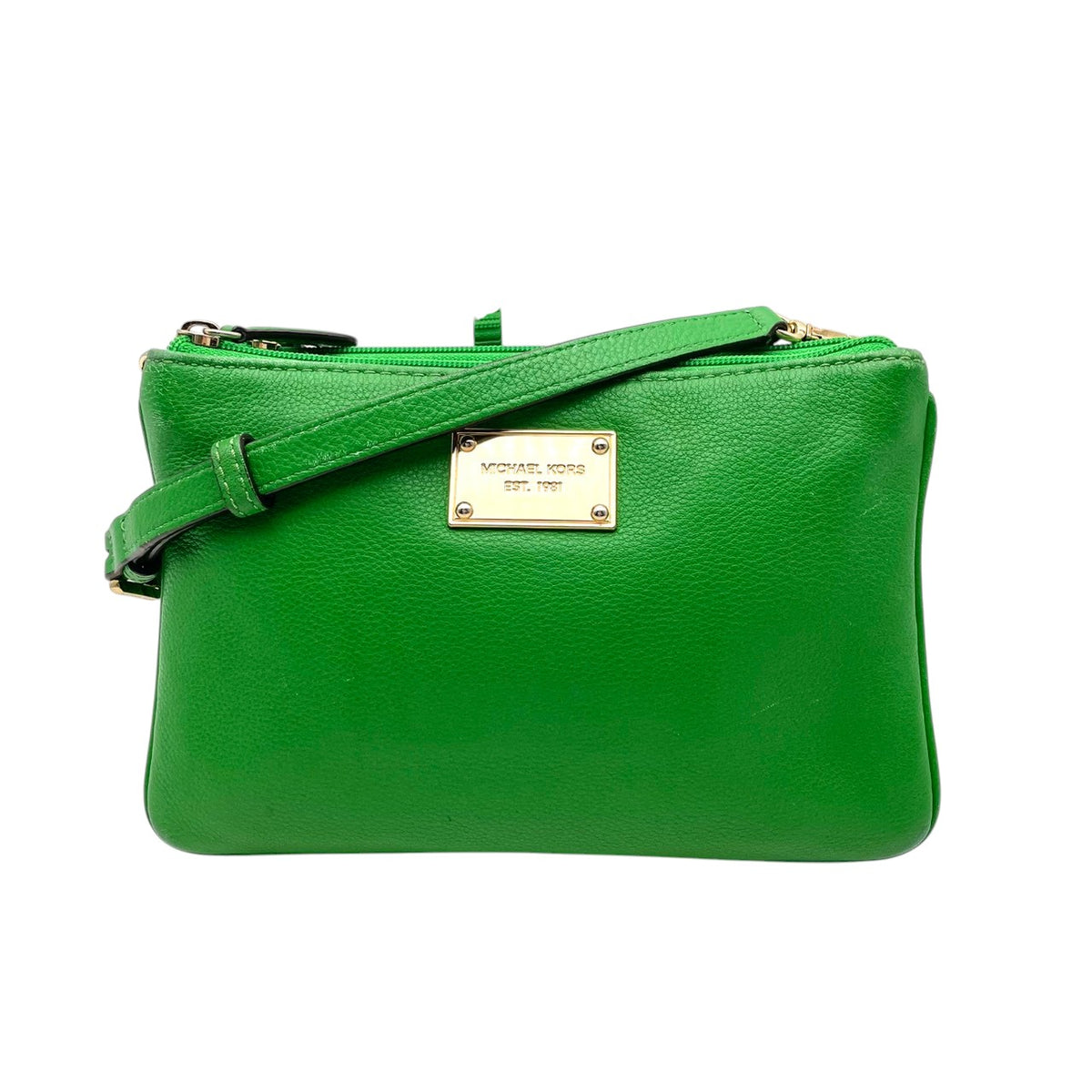 良品 MICHAEL KORS マイケルコース ショルダーバッグ クロスボディ ポシェット リストレット 2way グリーン 緑 レザー ゴールド金具 EST.1981 ロゴプレート ファスナー ミニバッグ 斜めがけ レディース S99