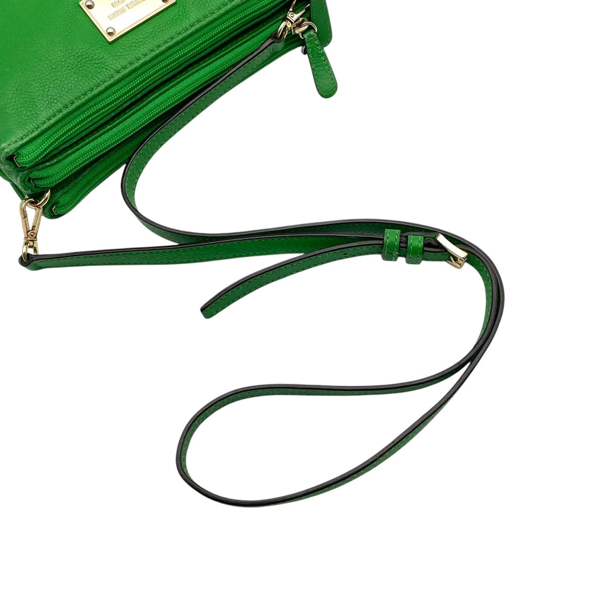 良品 MICHAEL KORS マイケルコース ショルダーバッグ クロスボディ ポシェット リストレット 2way グリーン 緑 レザー ゴールド金具 EST.1981 ロゴプレート ファスナー ミニバッグ 斜めがけ レディース S99