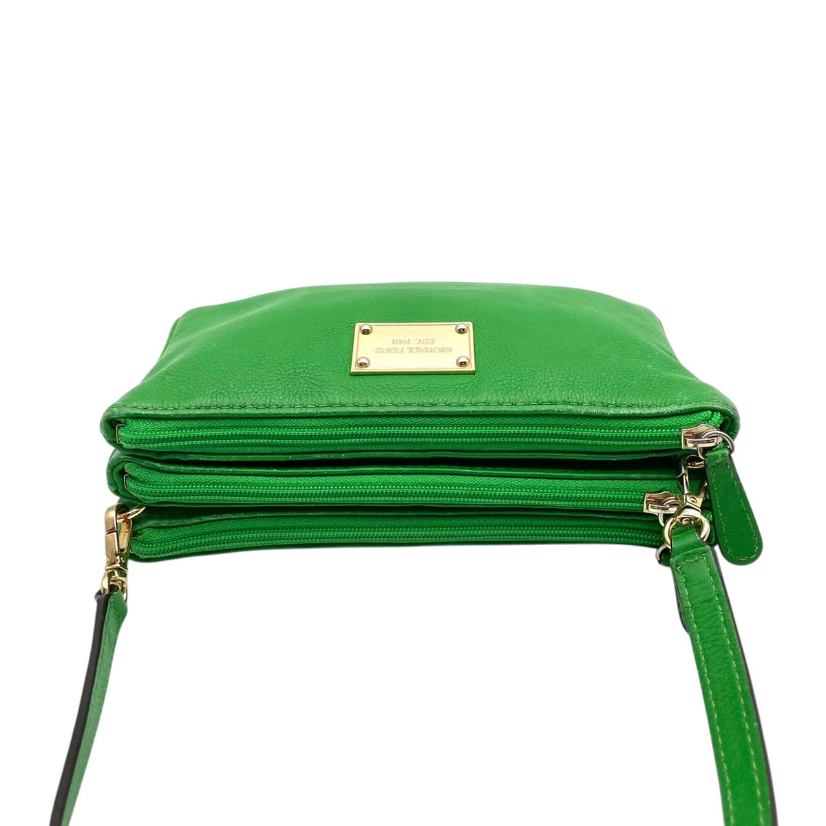良品 MICHAEL KORS マイケルコース ショルダーバッグ クロスボディ ポシェット リストレット 2way グリーン 緑 レザー ゴールド金具 EST.1981 ロゴプレート ファスナー ミニバッグ 斜めがけ レディース S99