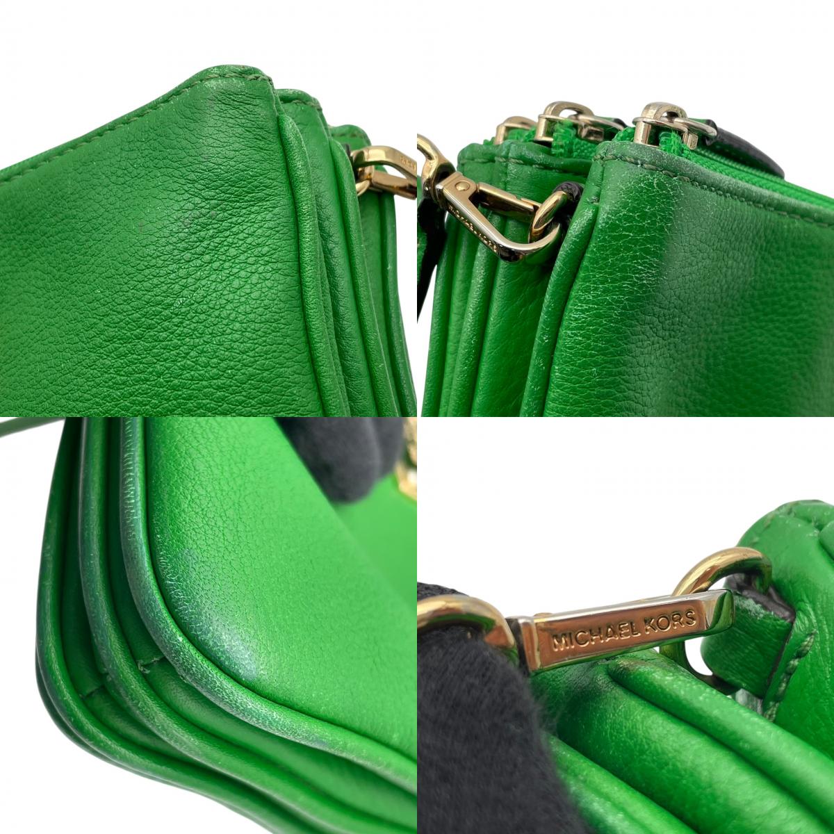 良品 MICHAEL KORS マイケルコース ショルダーバッグ クロスボディ ポシェット リストレット 2way グリーン 緑 レザー ゴールド金具 EST.1981 ロゴプレート ファスナー ミニバッグ 斜めがけ レディース S99
