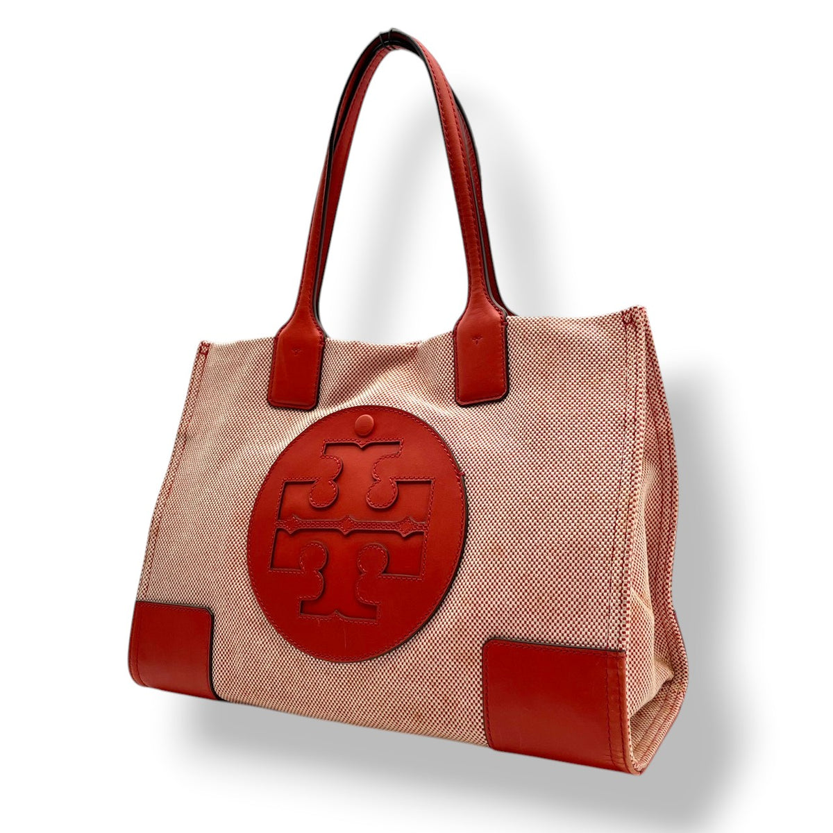 良品 TORY BURCH トリーバーチ Ella エラ トートバッグ キャンバス レザー オレンジ レッド ダブルT ロゴ 大型ロゴパッチ ワンショルダー 肩掛け ハンドバッグ スクエア 大容量 レディース カジュアル デイリー S99