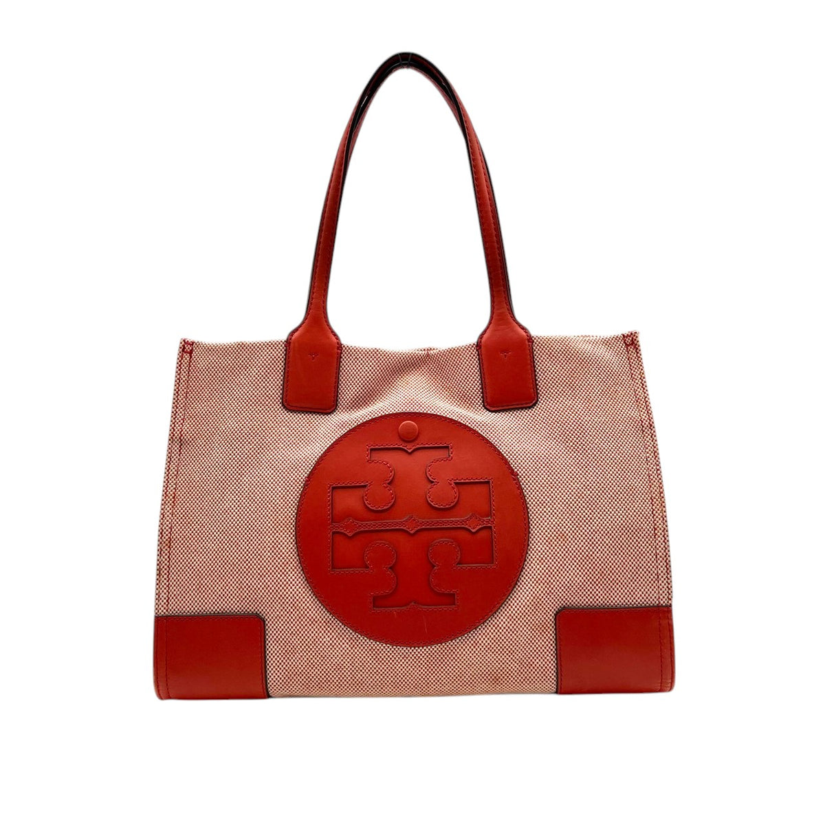 良品 TORY BURCH トリーバーチ Ella エラ トートバッグ キャンバス レザー オレンジ レッド ダブルT ロゴ 大型ロゴパッチ ワンショルダー 肩掛け ハンドバッグ スクエア 大容量 レディース カジュアル デイリー S99