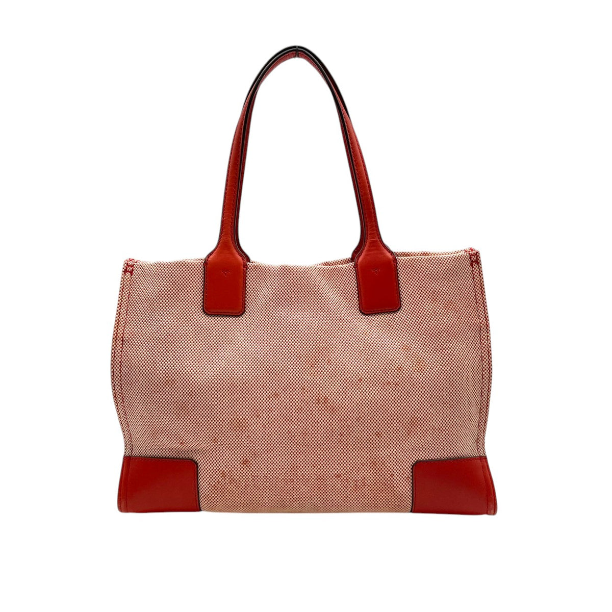 良品 TORY BURCH トリーバーチ Ella エラ トートバッグ キャンバス レザー オレンジ レッド ダブルT ロゴ 大型ロゴパッチ ワンショルダー 肩掛け ハンドバッグ スクエア 大容量 レディース カジュアル デイリー S99