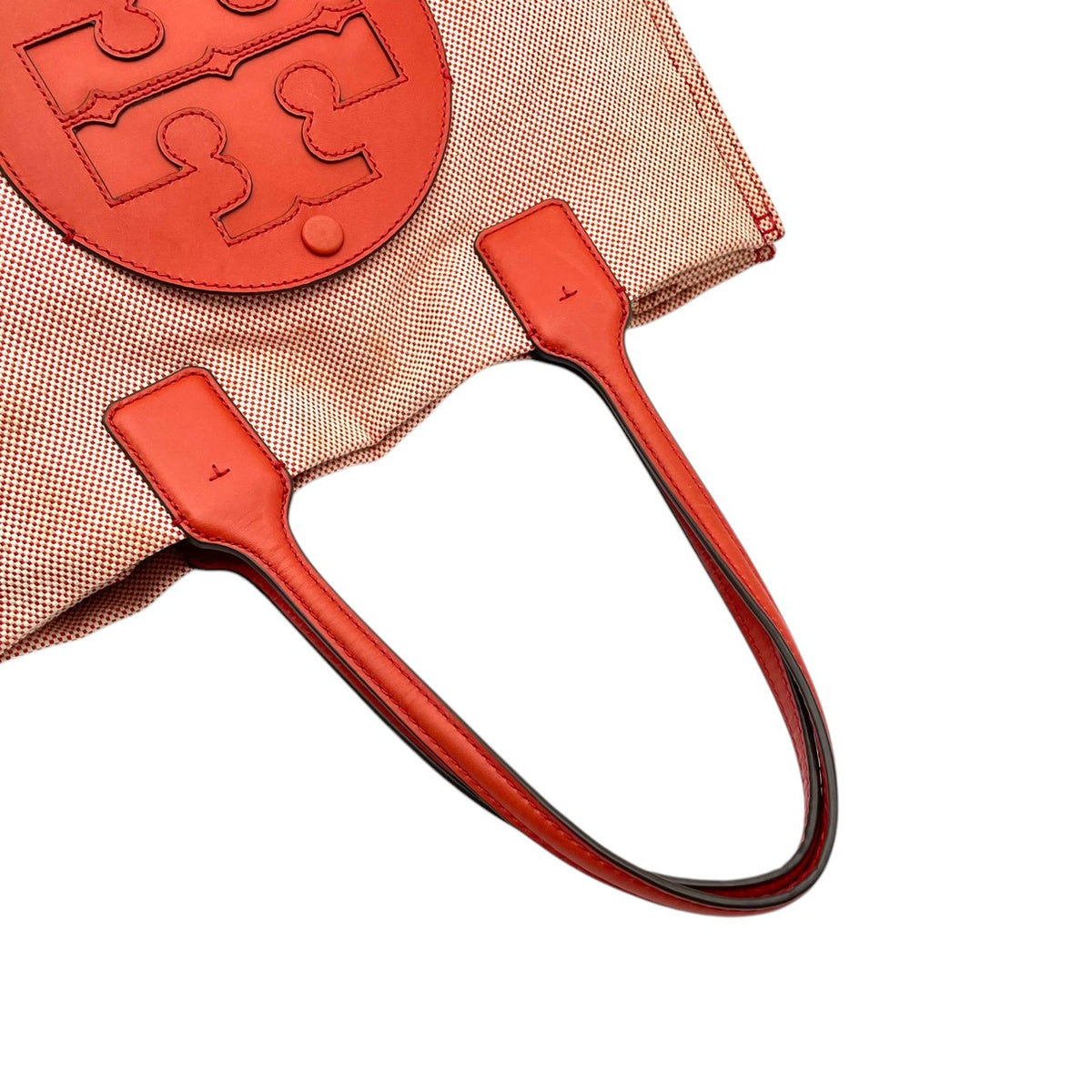 良品 TORY BURCH トリーバーチ Ella エラ トートバッグ キャンバス レザー オレンジ レッド ダブルT ロゴ 大型ロゴパッチ ワンショルダー 肩掛け ハンドバッグ スクエア 大容量 レディース カジュアル デイリー S99