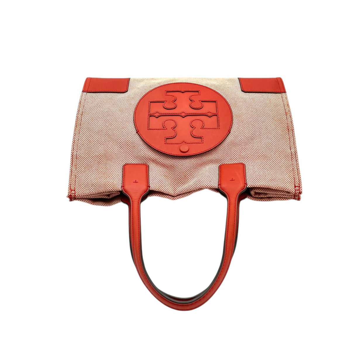 良品 TORY BURCH トリーバーチ Ella エラ トートバッグ キャンバス レザー オレンジ レッド ダブルT ロゴ 大型ロゴパッチ ワンショルダー 肩掛け ハンドバッグ スクエア 大容量 レディース カジュアル デイリー S99