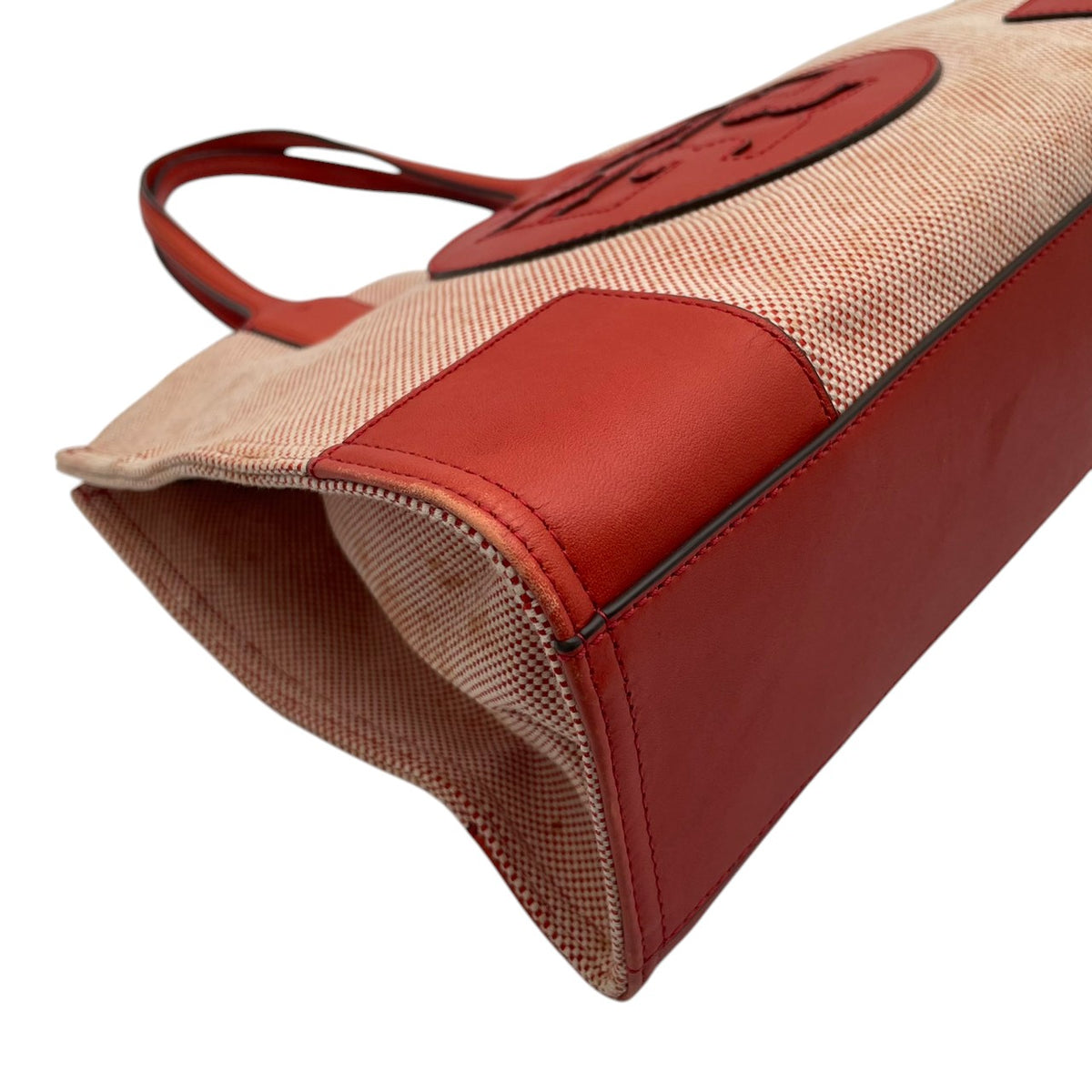 良品 TORY BURCH トリーバーチ Ella エラ トートバッグ キャンバス レザー オレンジ レッド ダブルT ロゴ 大型ロゴパッチ ワンショルダー 肩掛け ハンドバッグ スクエア 大容量 レディース カジュアル デイリー S99