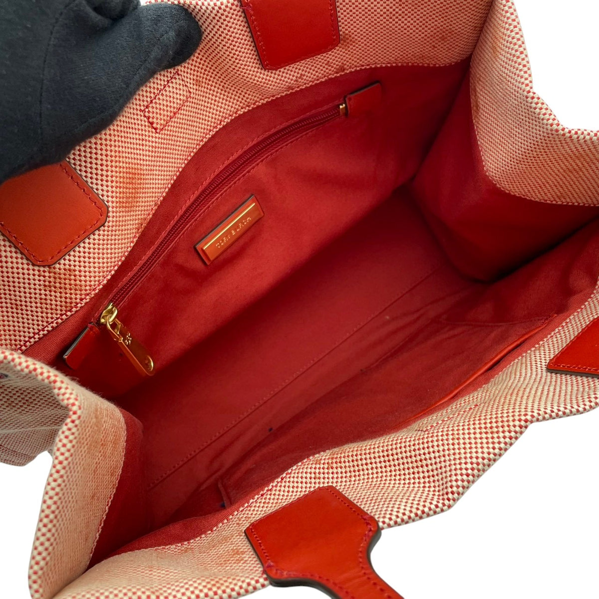 良品 TORY BURCH トリーバーチ Ella エラ トートバッグ キャンバス レザー オレンジ レッド ダブルT ロゴ 大型ロゴパッチ ワンショルダー 肩掛け ハンドバッグ スクエア 大容量 レディース カジュアル デイリー S99
