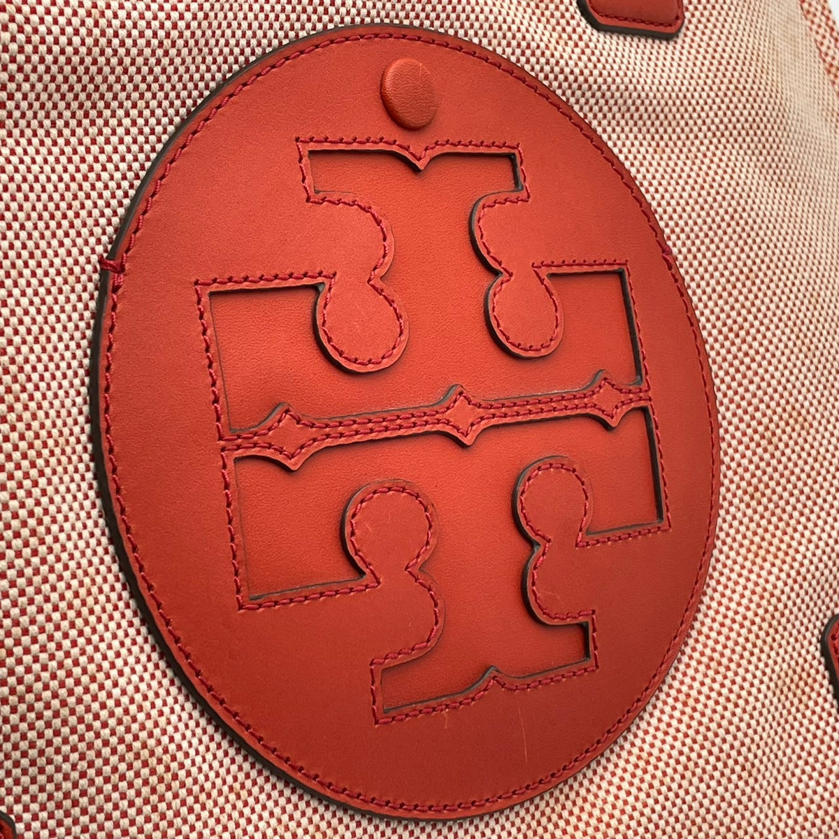 良品 TORY BURCH トリーバーチ Ella エラ トートバッグ キャンバス レザー オレンジ レッド ダブルT ロゴ 大型ロゴパッチ ワンショルダー 肩掛け ハンドバッグ スクエア 大容量 レディース カジュアル デイリー S99