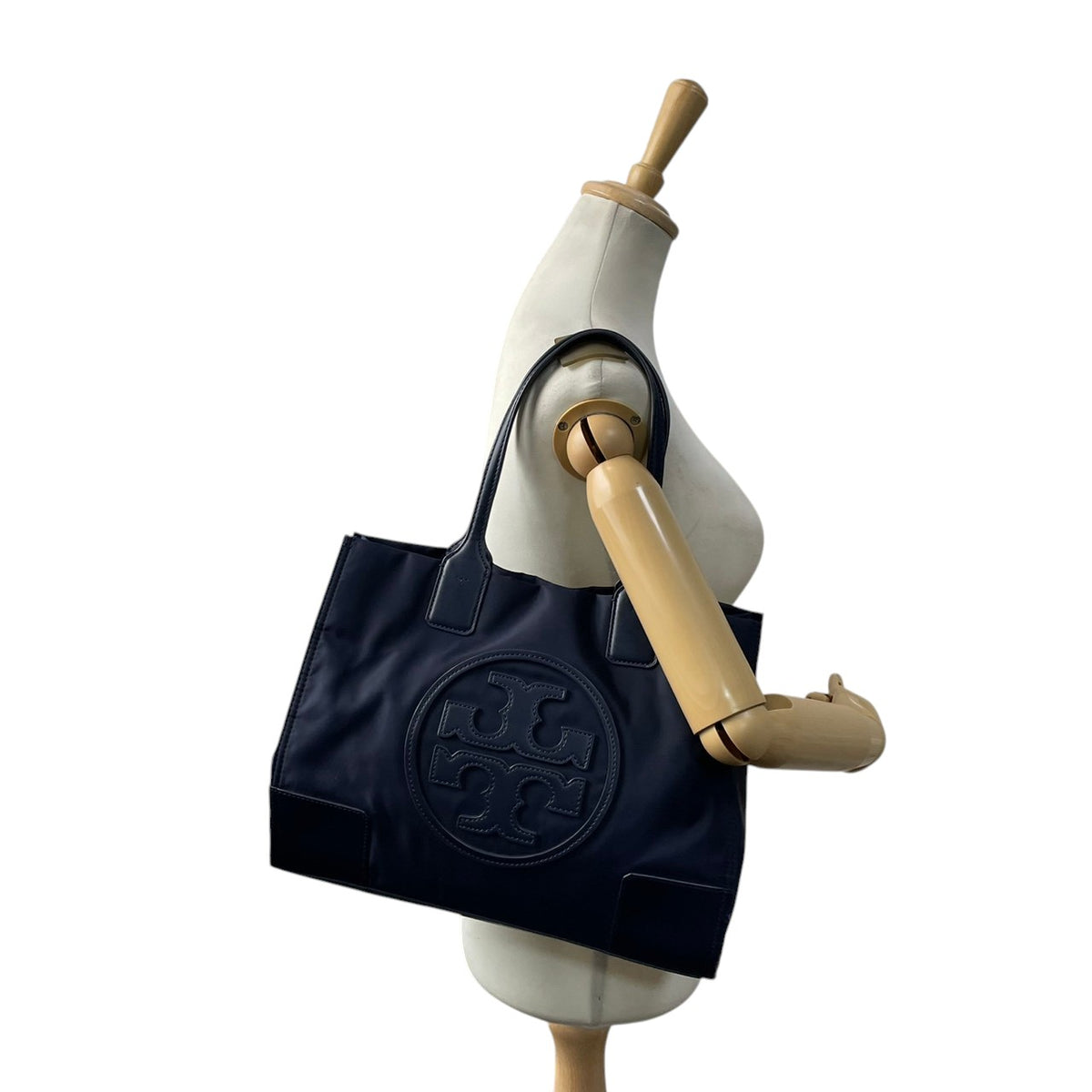 良品 TORY BURCH トリーバーチ Ella エラ トートバッグ ネイビー ナイロン レザー ダブルT ビッグロゴ ロゴパッチ 肩掛け ワンショルダー ハンドバッグ 大型ロゴ シンプル レディース カジュアル デイリー S99