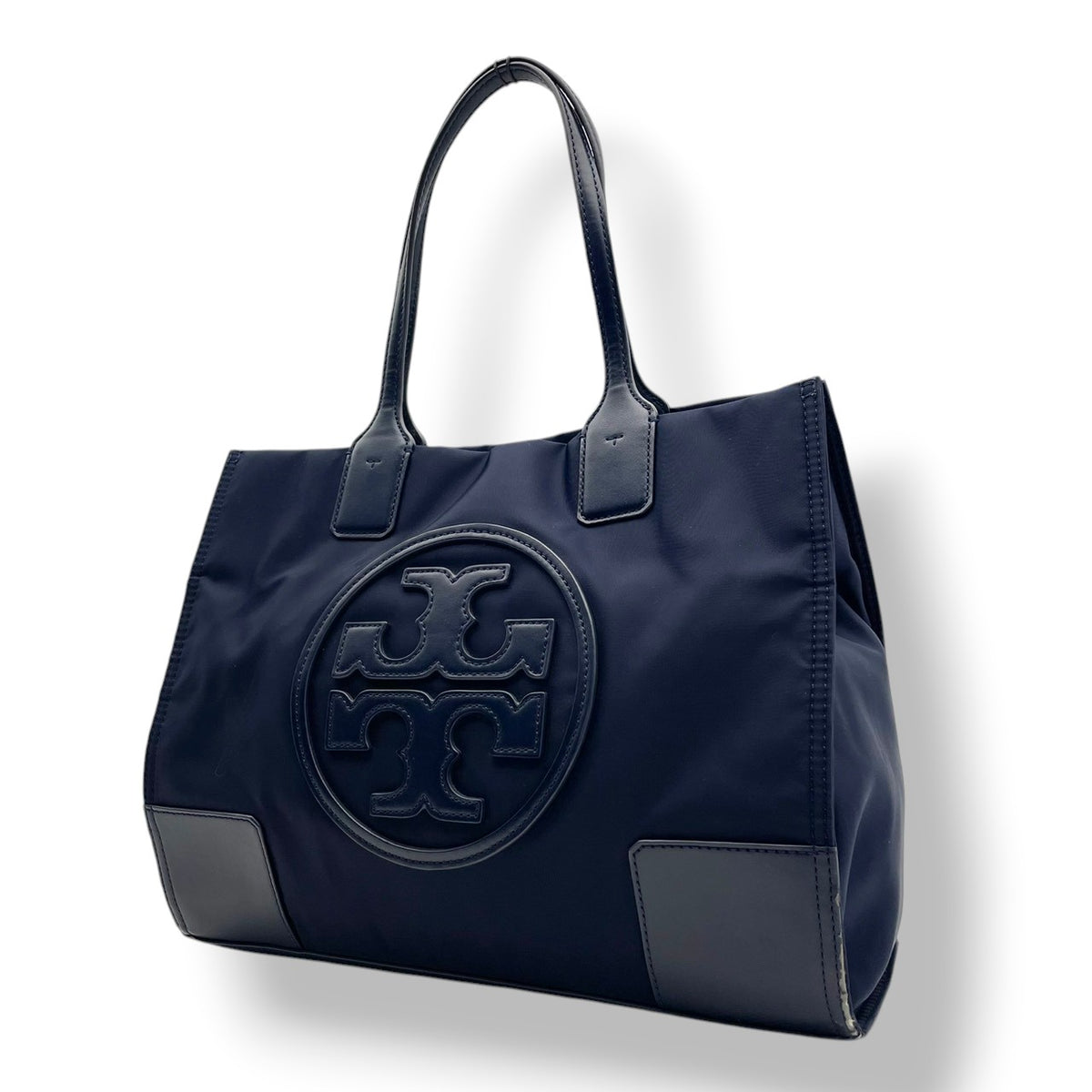 良品 TORY BURCH トリーバーチ Ella エラ トートバッグ ネイビー ナイロン レザー ダブルT ビッグロゴ ロゴパッチ 肩掛け ワンショルダー ハンドバッグ 大型ロゴ シンプル レディース カジュアル デイリー S99