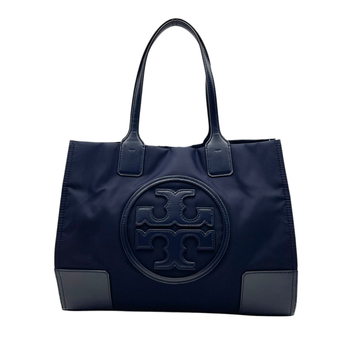 良品 TORY BURCH トリーバーチ Ella エラ トートバッグ ネイビー ナイロン レザー ダブルT ビッグロゴ ロゴパッチ 肩掛け ワンショルダー ハンドバッグ 大型ロゴ シンプル レディース カジュアル デイリー S99