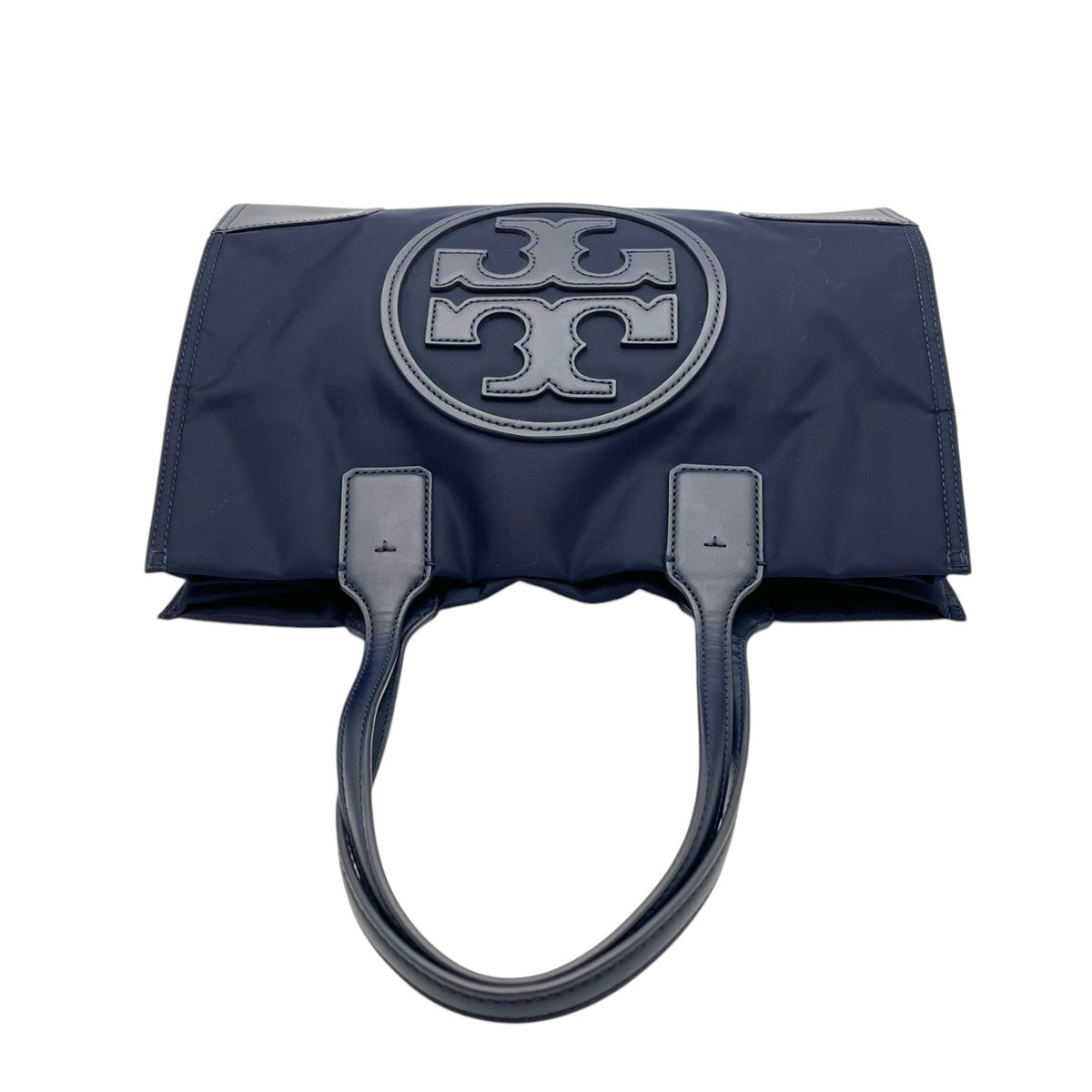 良品 TORY BURCH トリーバーチ Ella エラ トートバッグ ネイビー ナイロン レザー ダブルT ビッグロゴ ロゴパッチ 肩掛け ワンショルダー ハンドバッグ 大型ロゴ シンプル レディース カジュアル デイリー S99