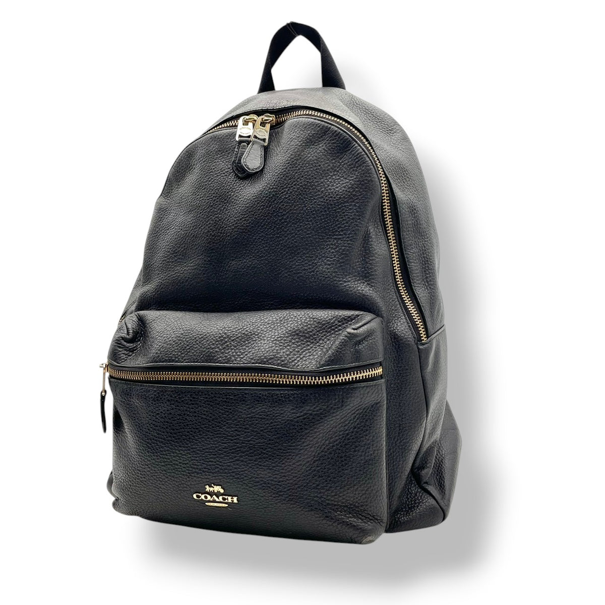 良品 COACH コーチ F29004 Charlie チャーリー バックパック リュック デイパック ブラック 黒 ペブルドレザー シボ革 ゴールド金具 ロゴ ファスナー フロントポケット 大容量 A4収納 レディース メンズ ユニセックス S99