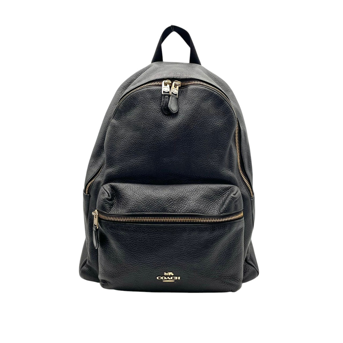 良品 COACH コーチ F29004 Charlie チャーリー バックパック リュック デイパック ブラック 黒 ペブルドレザー シボ革 ゴールド金具 ロゴ ファスナー フロントポケット 大容量 A4収納 レディース メンズ ユニセックス S99