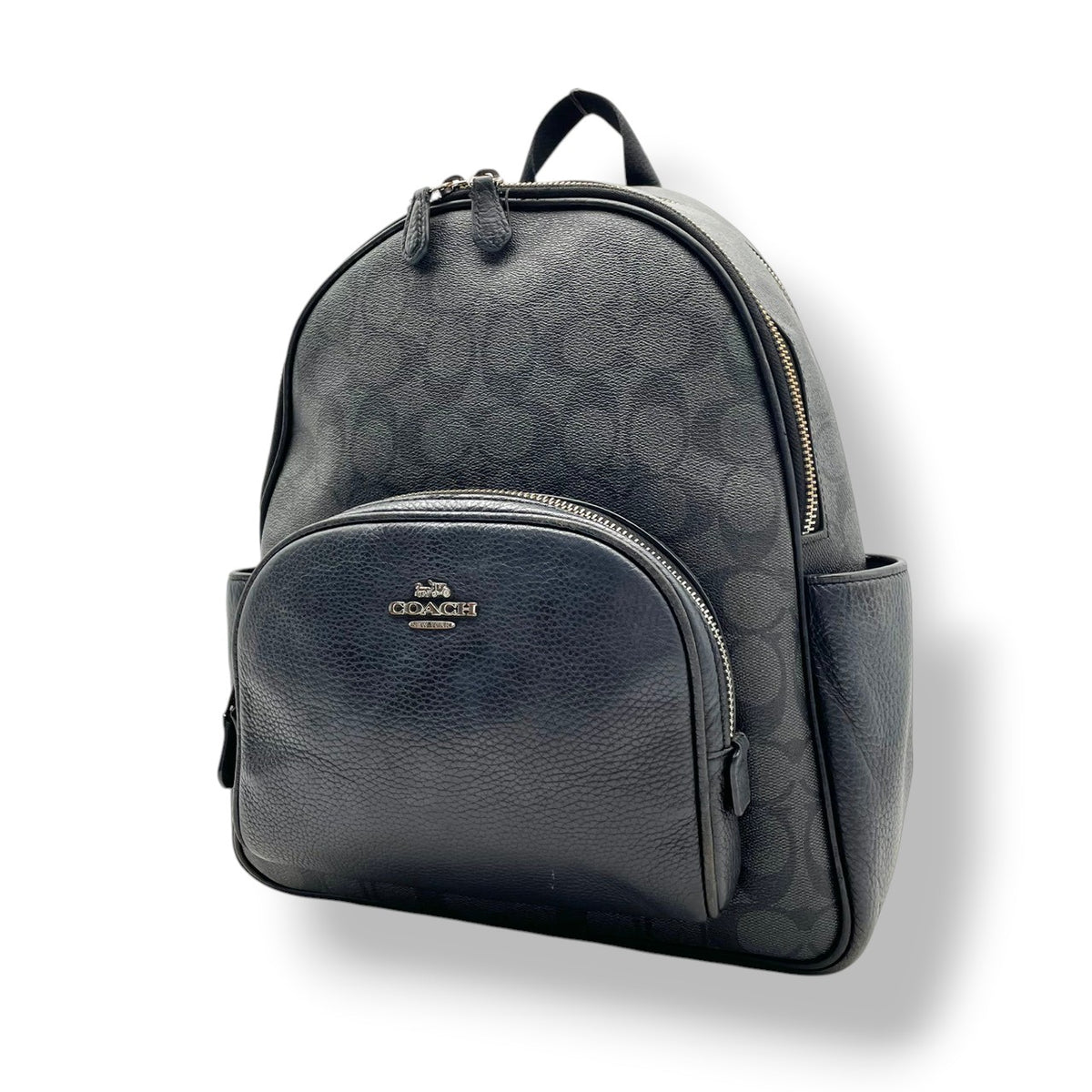 良品 COACH コーチ 5671 Court コート バックパック リュック デイパック シグネチャー グレー PVC レザー ブラック ロゴ 総柄 フロントポケット サイドポケット ファスナー 大容量 レディース カジュアル デイリー S99