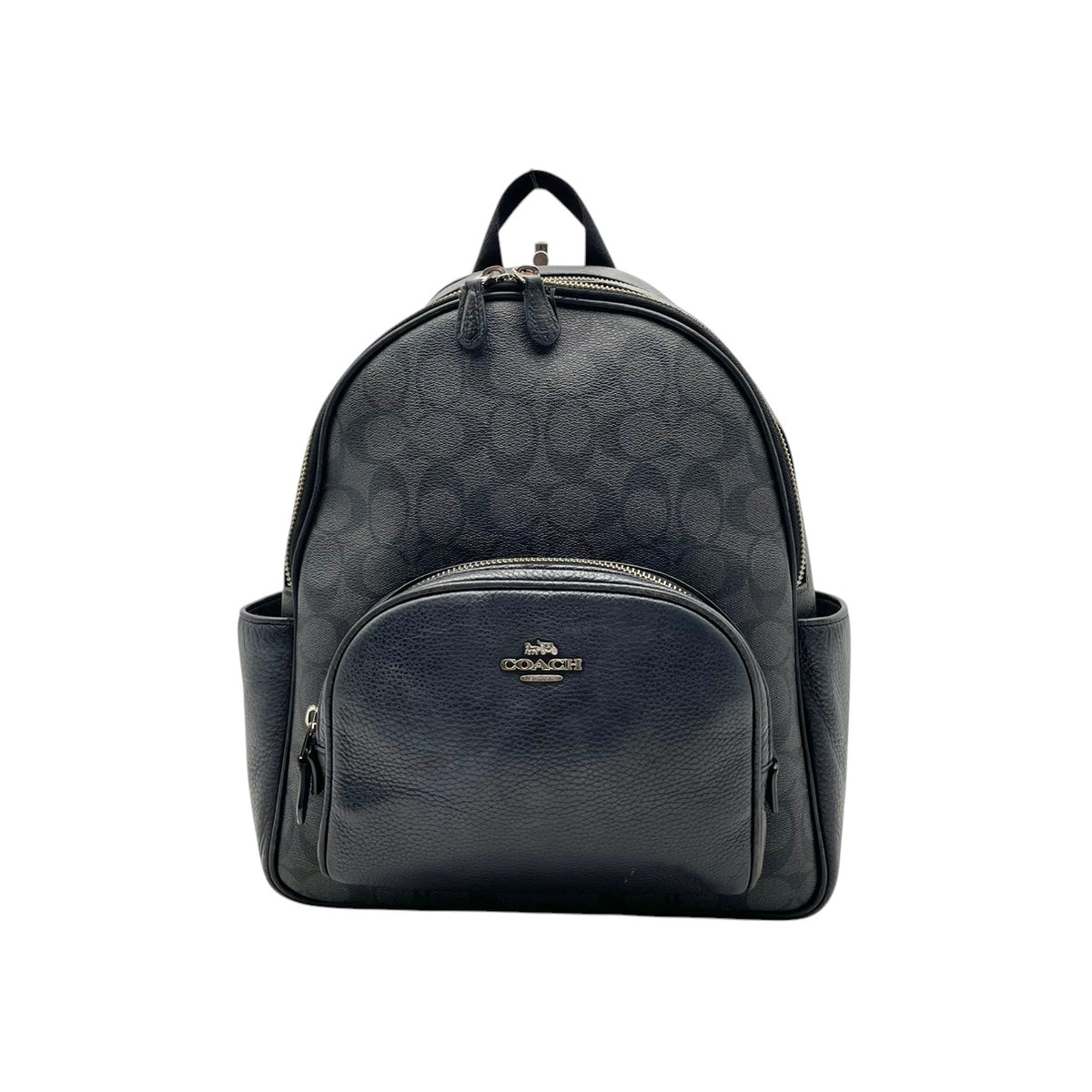 良品 COACH コーチ 5671 Court コート バックパック リュック デイパック シグネチャー グレー PVC レザー ブラック ロゴ 総柄 フロントポケット サイドポケット ファスナー 大容量 レディース カジュアル デイリー S99