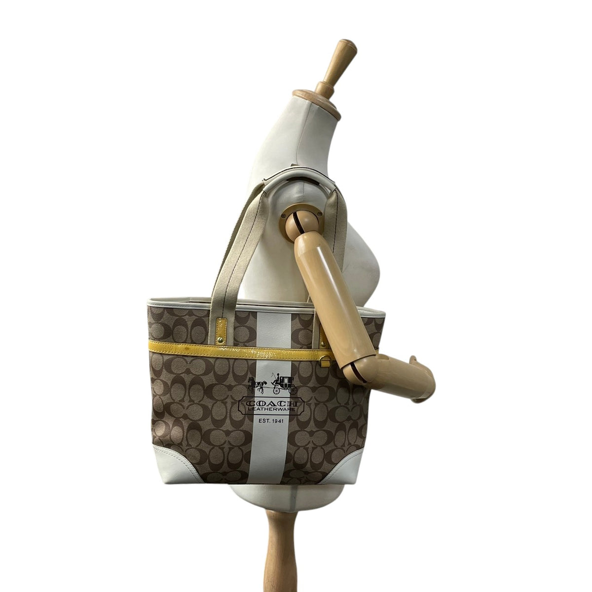 良品 COACH コーチ 11350 ヘリテージ ストライプ シグネチャー トートバッグ ライトブラウン アイボリー PVC レザー ゴールド金具 ロゴ 馬車柄 肩掛け ハンドバッグ レディース キャンバス 大型ロゴ デイリー S99