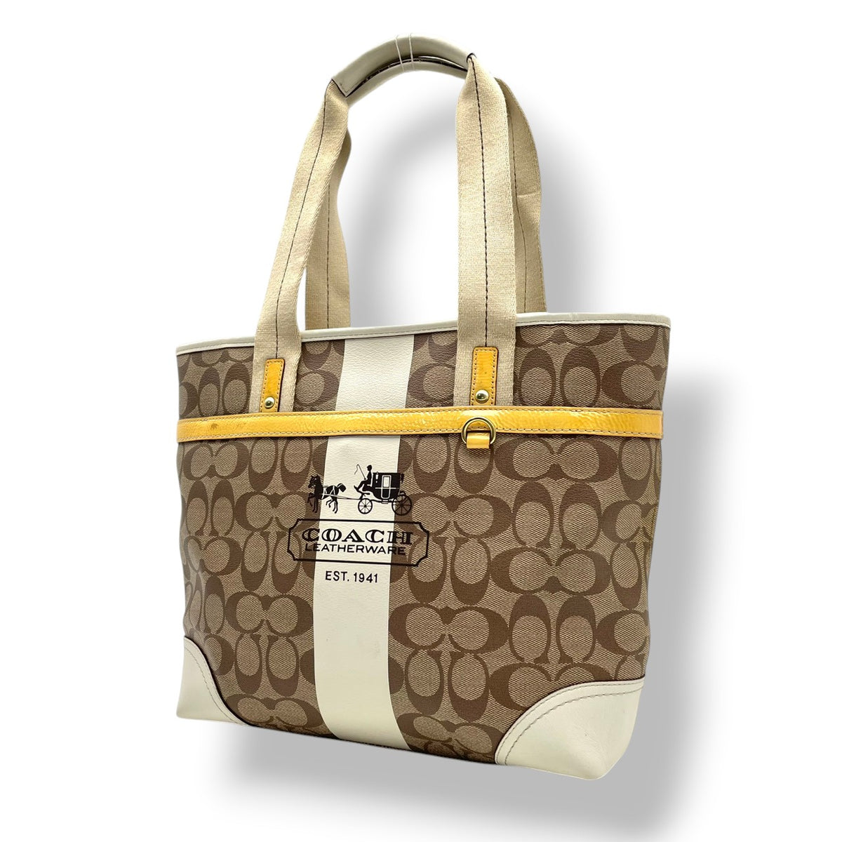 良品 COACH コーチ 11350 ヘリテージ ストライプ シグネチャー トートバッグ ライトブラウン アイボリー PVC レザー ゴールド金具 ロゴ 馬車柄 肩掛け ハンドバッグ レディース キャンバス 大型ロゴ デイリー S99