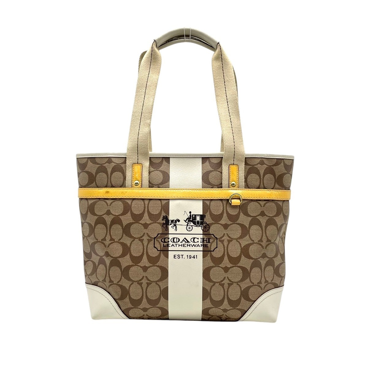 良品 COACH コーチ 11350 ヘリテージ ストライプ シグネチャー トートバッグ ライトブラウン アイボリー PVC レザー ゴールド金具 ロゴ 馬車柄 肩掛け ハンドバッグ レディース キャンバス 大型ロゴ デイリー S99