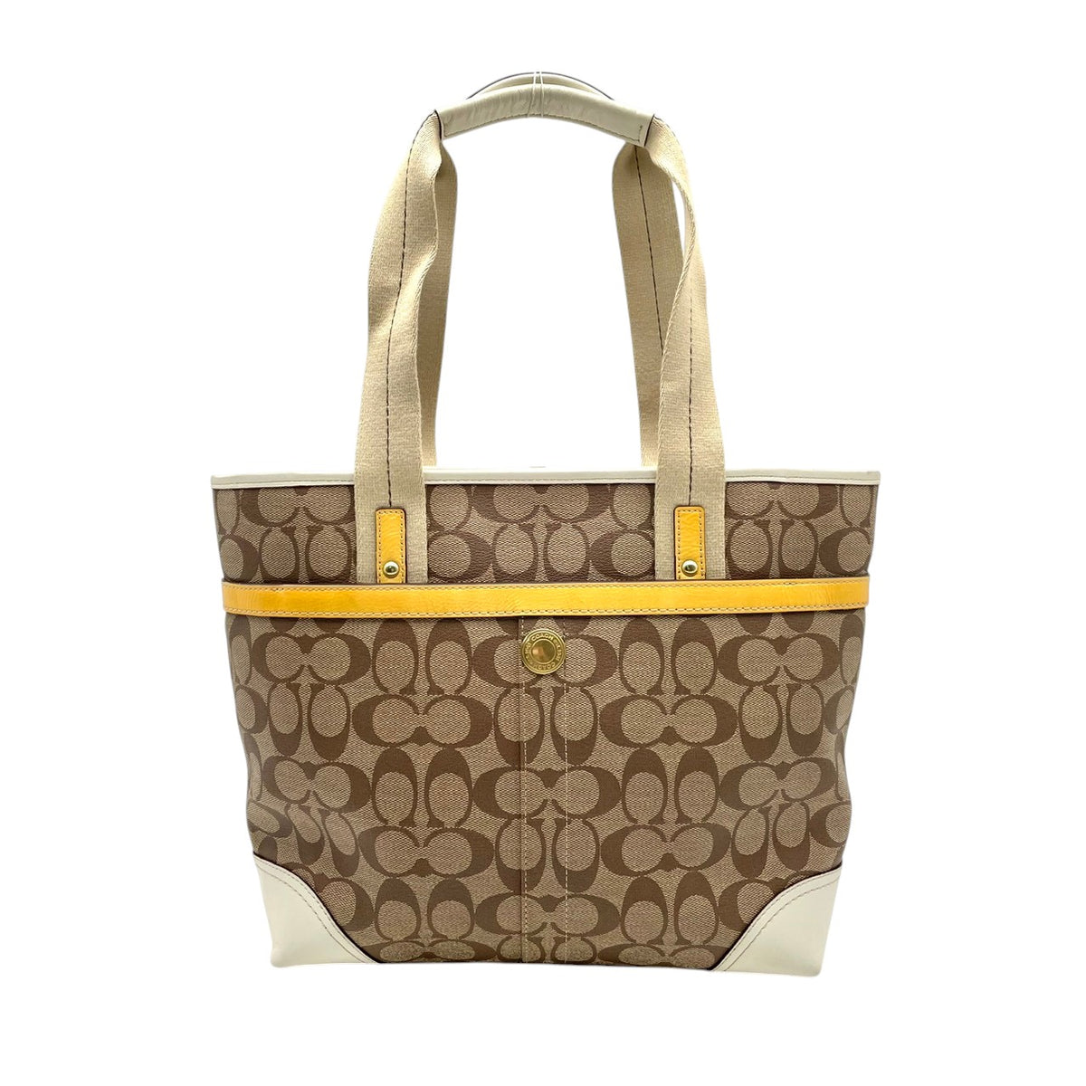 良品 COACH コーチ 11350 ヘリテージ ストライプ シグネチャー トートバッグ ライトブラウン アイボリー PVC レザー ゴールド金具 ロゴ 馬車柄 肩掛け ハンドバッグ レディース キャンバス 大型ロゴ デイリー S99